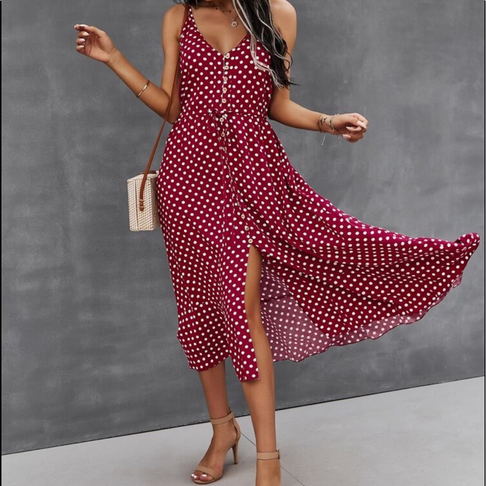 Boho Button Up V Neck Tie Polka Dot Dress BURGUNDY - Picture 3 of 10